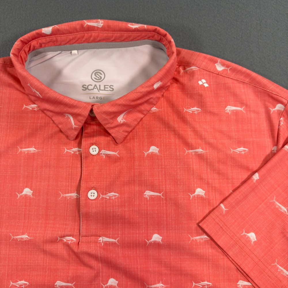Scales Mens Large Coral Orange Fish Print Performance Polo Shirt Marlin Mahi